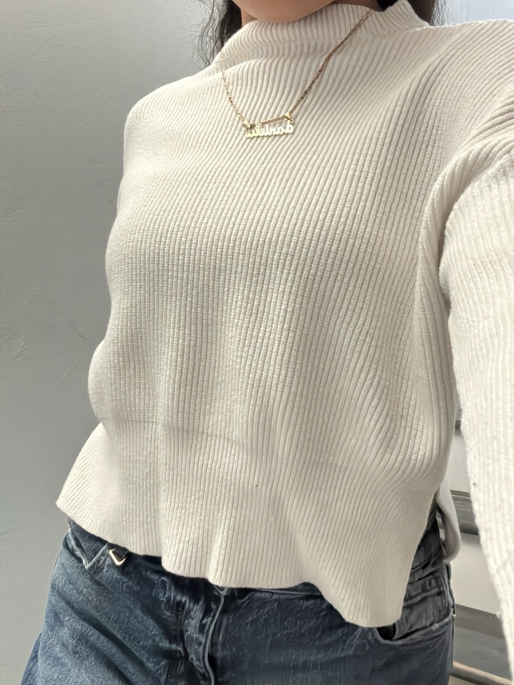 Women's Cream Ribbed Mock Neck Sweater